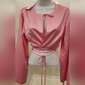 NWT Baby Pink Satin Crop Blouse w/ Tapered Sleeves & Front Custom Body wrap Tie